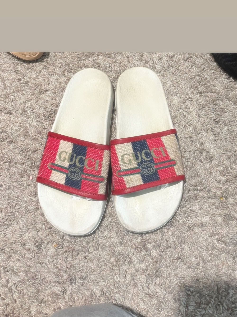 Gucci Red Navy & Beige Stripe Logo Canvas Slides
